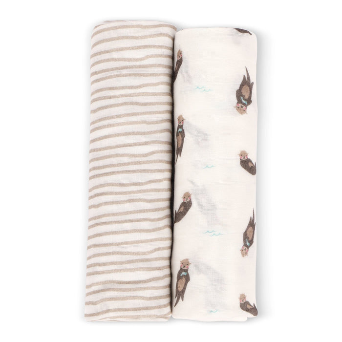 Otter and taupe wave bamboo muslin swaddle set
