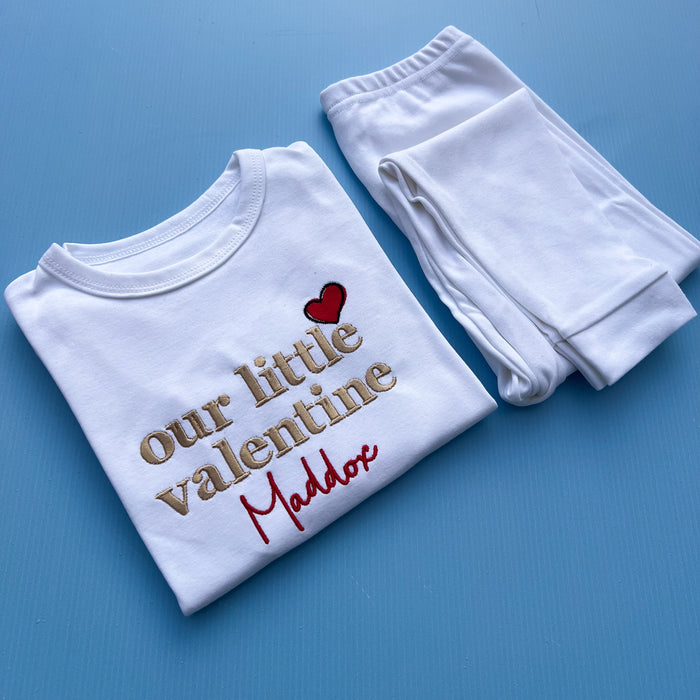 Our little valentines embroidered pyjamas with a  sketch love heart