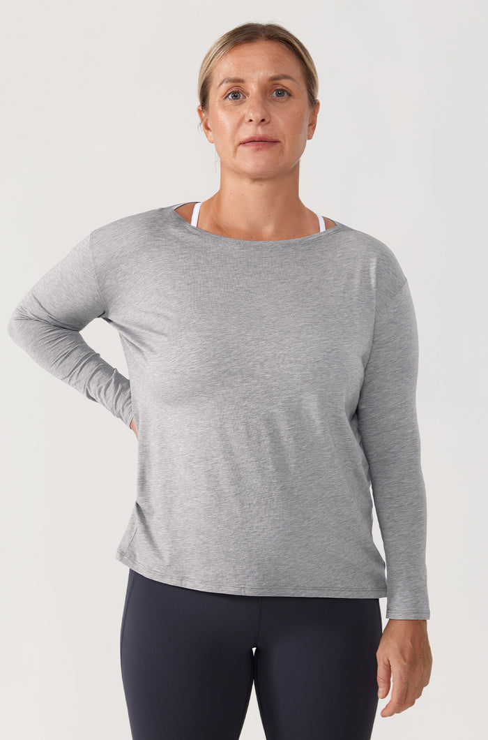 Women's Pima Cotton Boat Neck Long Sleeve Shirts Heathered Medium Grey