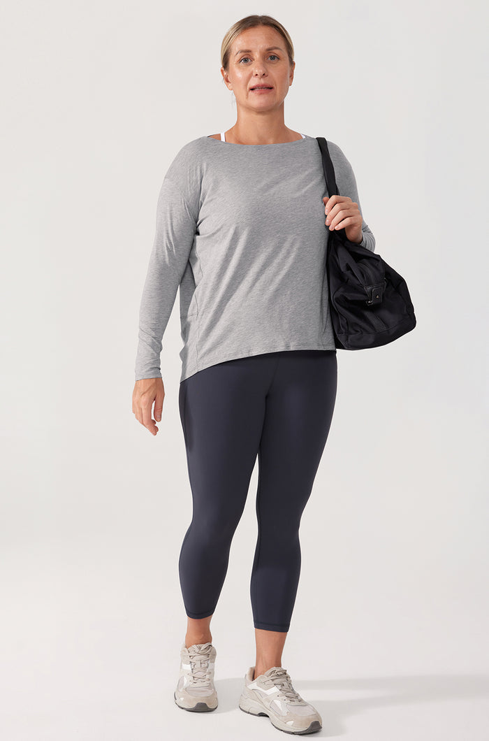 Women's Pima Cotton Boat Neck Long Sleeve Shirts Heathered Medium Grey