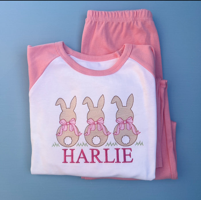 Pink Bow bunnies on Personalised Easter Pyjamas
