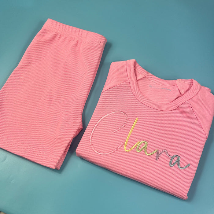 Pink Ribbed Short Set with Rainbow font