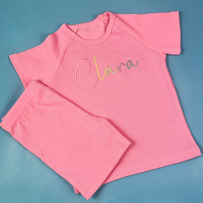 Pink Ribbed Short Set with Rainbow font