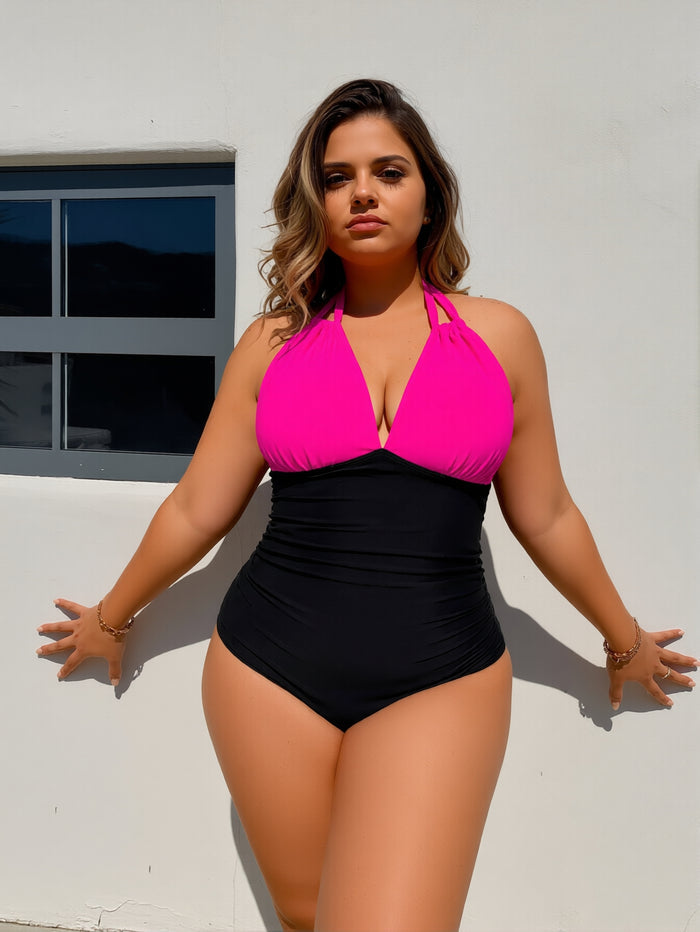 PLUS SIZE Bathing Suit for Women Slimming Push Up One Piece Swimsuit Lace Up Back Color Block Swimwear