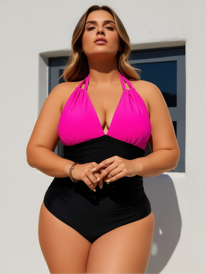 PLUS SIZE Bathing Suit for Women Slimming Push Up One Piece Swimsuit Lace Up Back Color Block Swimwear