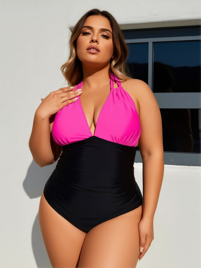 PLUS SIZE Bathing Suit for Women Slimming Push Up One Piece Swimsuit Lace Up Back Color Block Swimwear