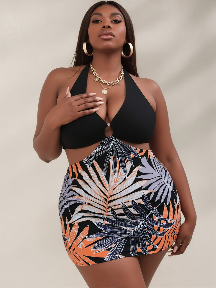Plus Size Gothic Skulls 3 Piece Swimsuits for Women Three Piece Bikini Bathing Suits