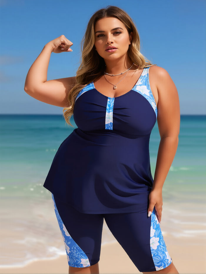Plus Size Swimsuit for Women Two Piece Modest Tankini Full Coverage Tummy Control Bathing Suits with Shorts