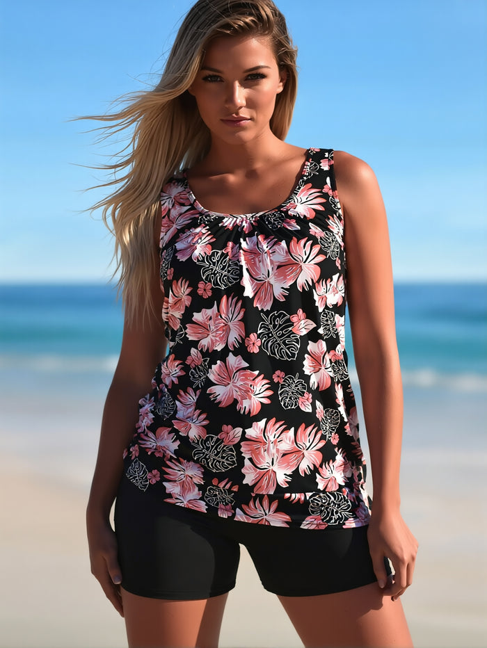 Plus Size Tankini Swimsuits for Women Blouson Tankini Tops with Swim Shorts Two Piece Bathing Suits
