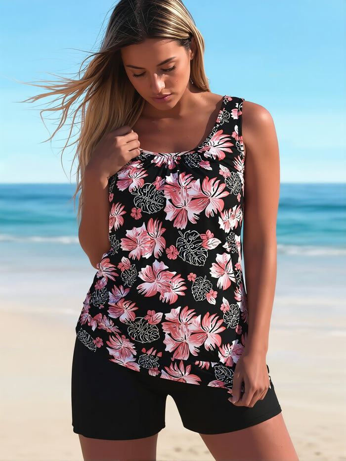 Plus Size Tankini Swimsuits for Women Blouson Tankini Tops with Swim Shorts Two Piece Bathing Suits