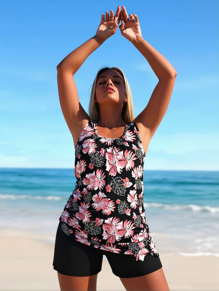 Plus Size Tankini Swimsuits for Women Blouson Tankini Tops with Swim Shorts Two Piece Bathing Suits
