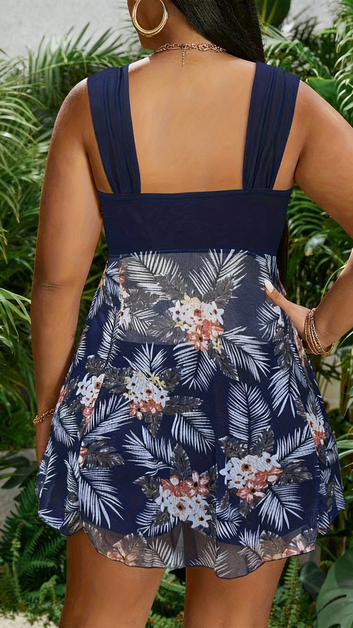 PLUS SIZE Women Printed Two Piece Tankini Swimsuits Tummy Control Swim Dress High Waisted Boyshort with Pockets