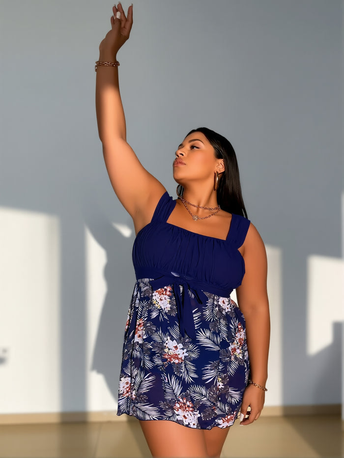 PLUS SIZE Women Printed Two Piece Tankini Swimsuits Tummy Control Swim Dress High Waisted Boyshort with Pockets