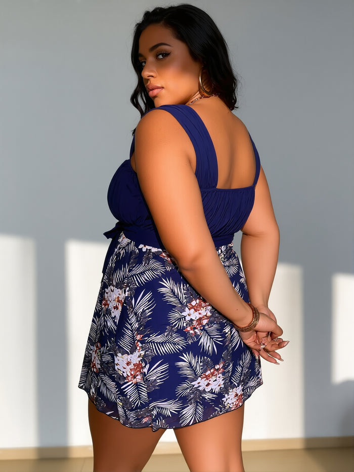PLUS SIZE Women Printed Two Piece Tankini Swimsuits Tummy Control Swim Dress High Waisted Boyshort with Pockets