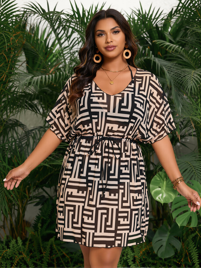 Plus size Women's 3 Pieces Bikini Set Geo Print Bathing Suit Drawstring Swimsuit with Cover Ups Kimono