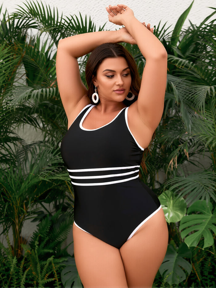 Plus size Women's One Piece Swimsuit Sports Adjustable Strap Bathing Suit Color Block Ribbed High Cut Swimsuits