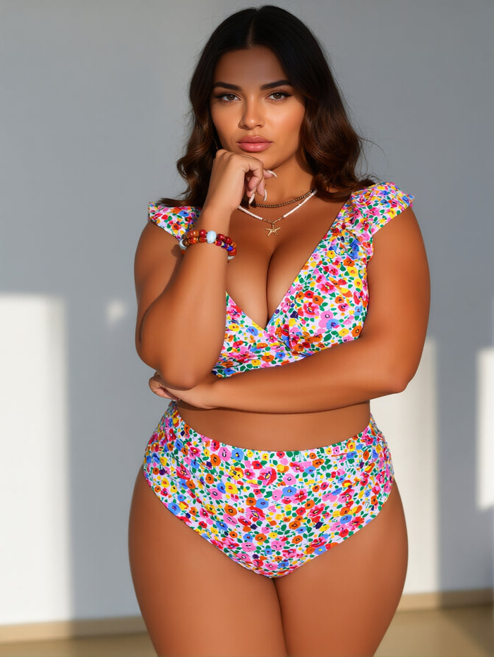PLUS SIZE  Women's Push Up V Neck Bikini Sets Criss Cross Back Two Piece Bathing Suit