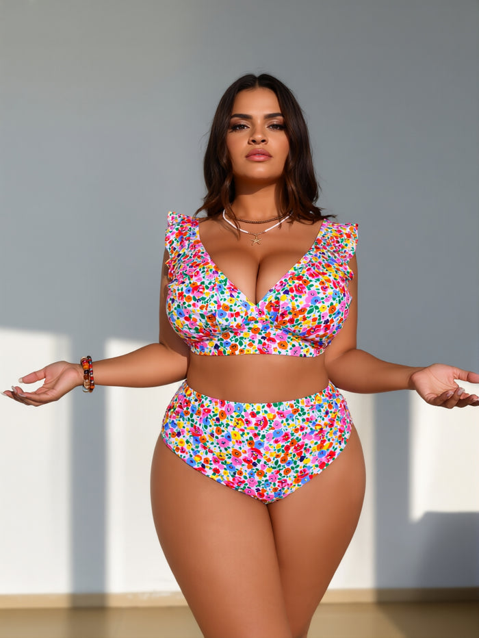 PLUS SIZE  Women's Push Up V Neck Bikini Sets Criss Cross Back Two Piece Bathing Suit