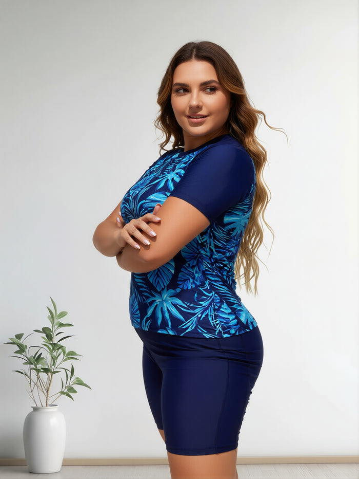 Plus size Women's Two Piece Rash Guard Swim Shirts Built in Bra Swimsuit with Boyshorts with Pockets
