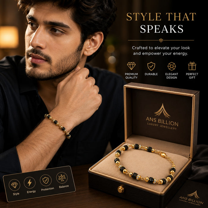 Premium Black &amp; Gold Beaded Bracelet for Men | Adjustable Fashion Wrist Bracelet