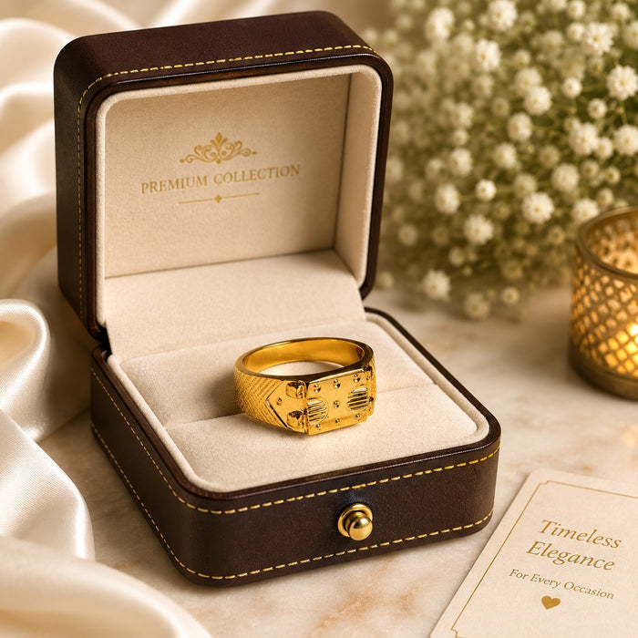Premium Gold Finish Designer Ring for Men | Classic Engraved Statement Band