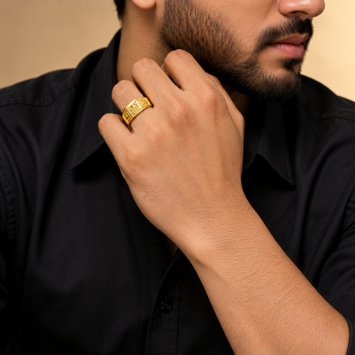 Premium Gold Finish Designer Ring for Men | Classic Engraved Statement Band