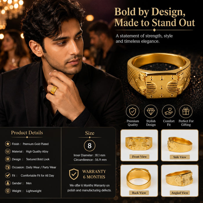Premium Gold Finish Designer Ring for Men | Classic Engraved Statement Band