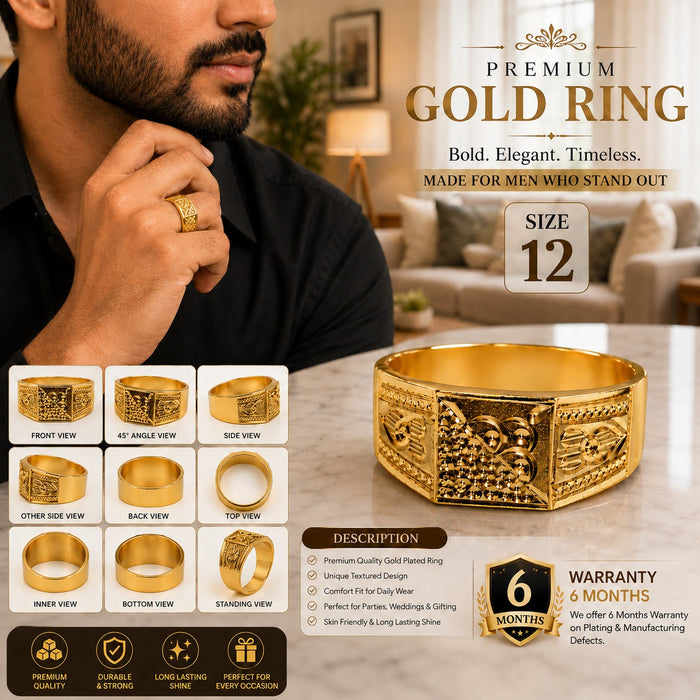 Premium Gold Finish Designer Ring for Men | Classic Engraved Statement Band