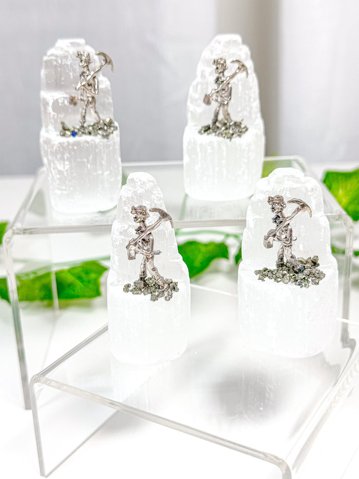 Satin Spar Selenite Tower Pyrite Miner (S2)