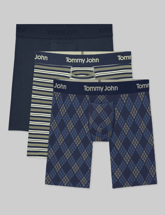 Second Skin Boxer Brief 8" (3-Pack)::Dress Blues/Oil Green Varsity Stripe/Dress Blues Diamond Plaid
