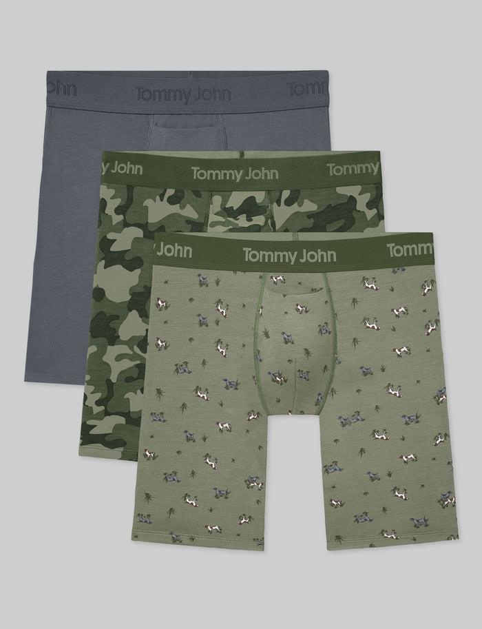Second Skin Boxer Brief 8" (3-Pack)::Turbulence/Bronze Green Camo/Oil Green Pointer Dogs