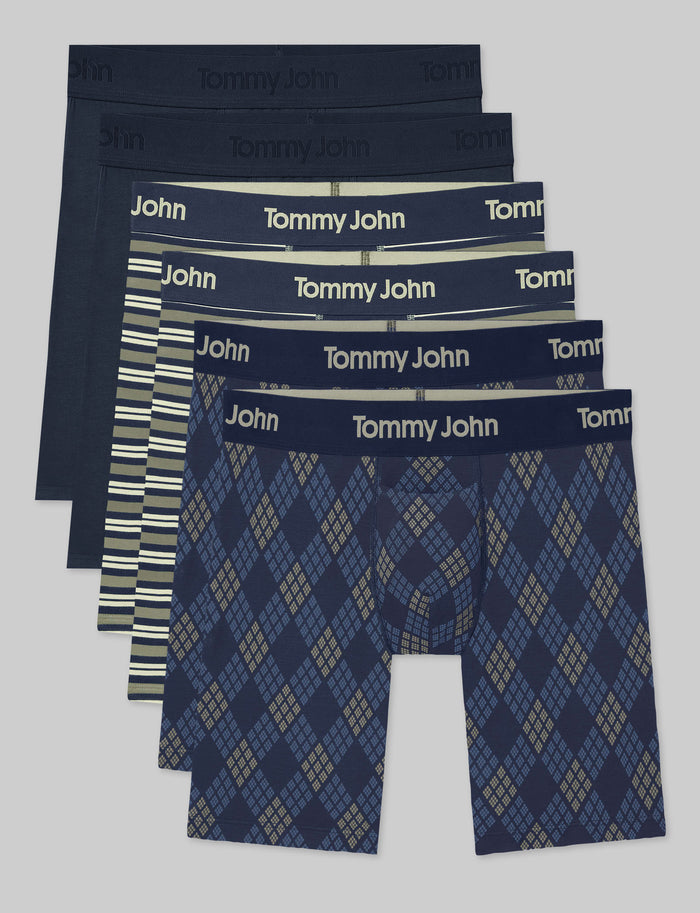 Second Skin Boxer Brief 8" (6-Pack)::Dress Blues/Oil Green Varsity Stripe/Dress Blues Diamond Plaid