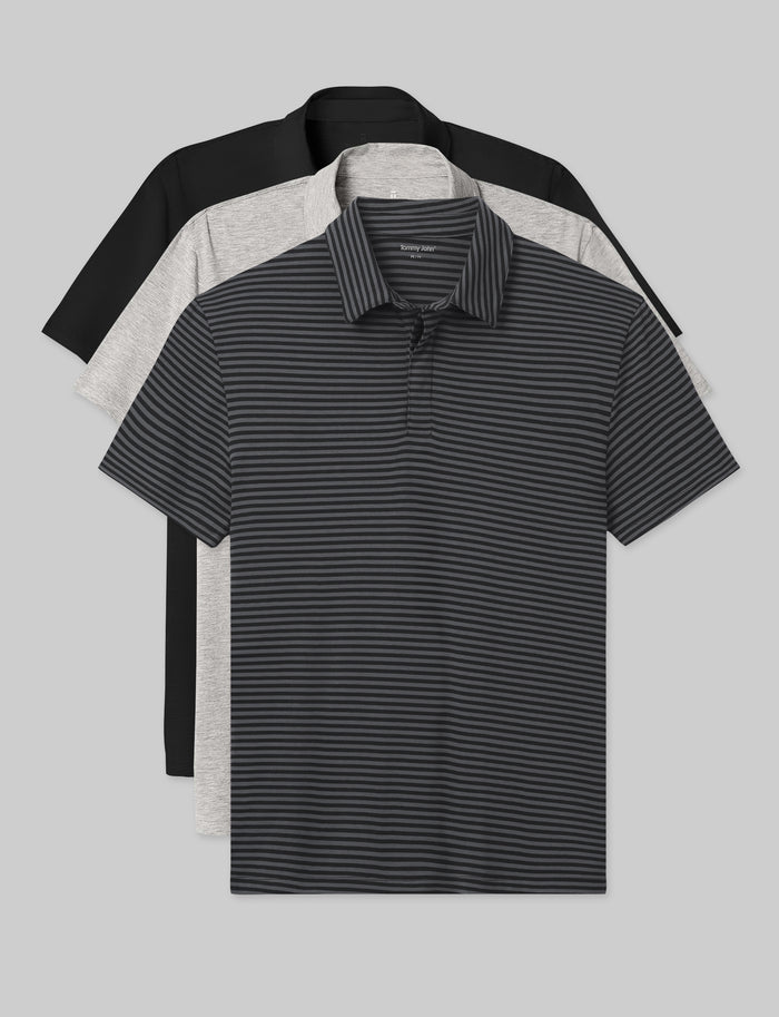 Second Skin Comfort Polo (3-Pack)::Black/Heather Grey/Essential Stripe