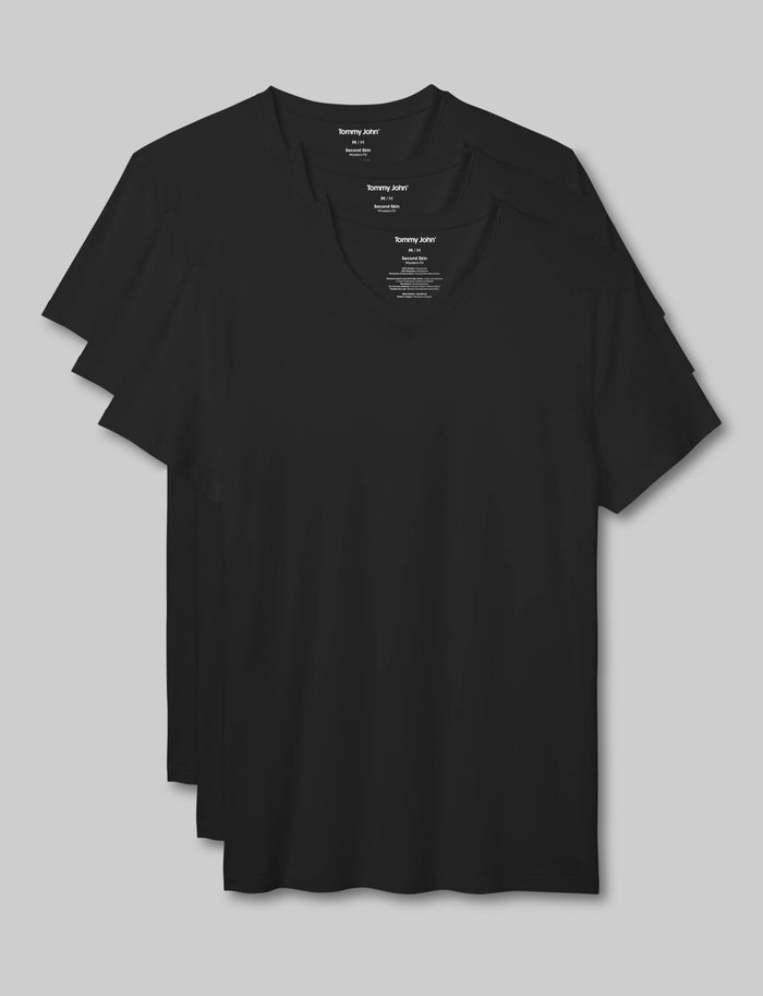 Second Skin High V-Neck Modern Fit Undershirt (3-Pack)::Black