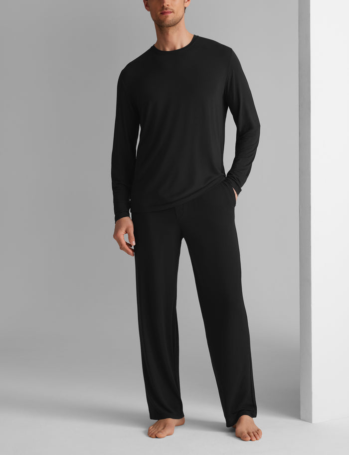 Second Skin Long Sleeve Sleep Tee & Pant Set::Black