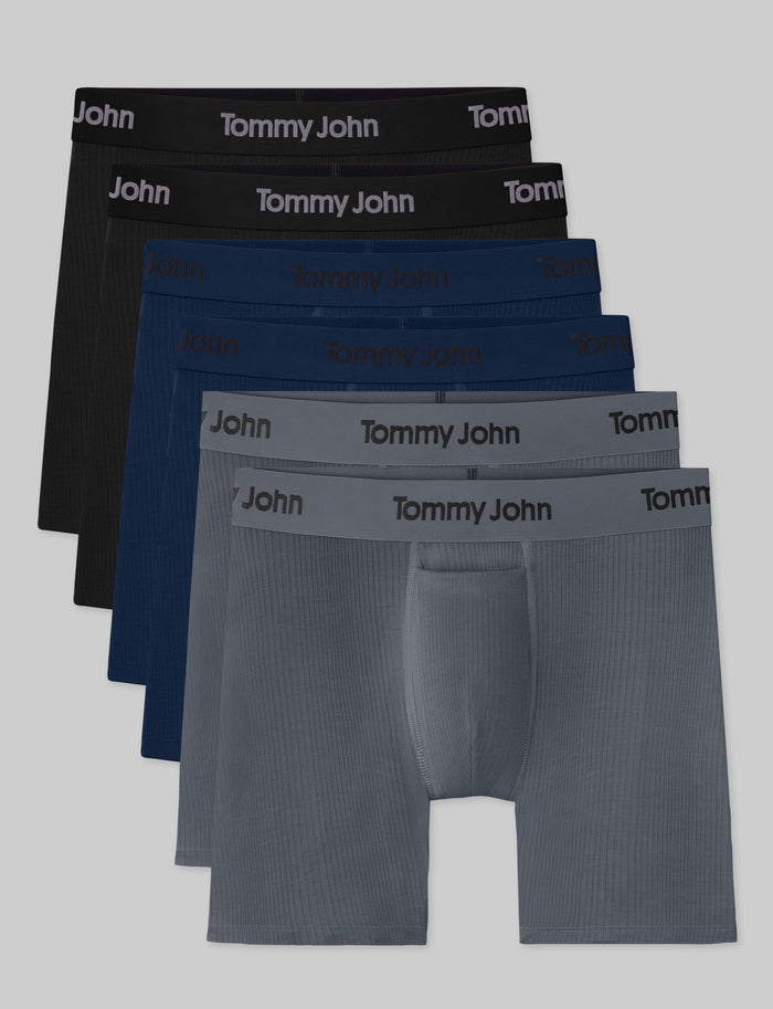Second Skin Luxe Rib Mid-Length Boxer Brief 6" (6-Pack)::Black/Dress Blues/Turbulence Luxe