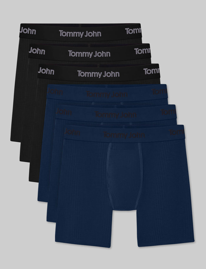 Second Skin Luxe Rib Mid-Length Boxer Brief 6" (6-Pack)::Black/Dress Blues Luxe