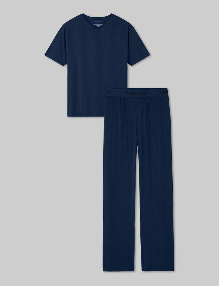 Second Skin Luxe Rib Sleep Tee & Pant Set::Dress Blues Luxe