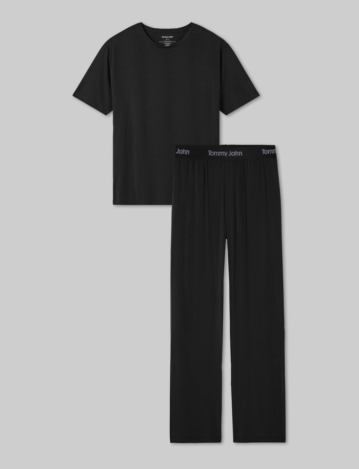 Second Skin Luxe Rib Sleep Tee & Pant Set::Black Luxe