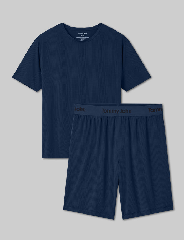 Second Skin Luxe Rib Sleep Tee & Short Set::Dress Blues Luxe