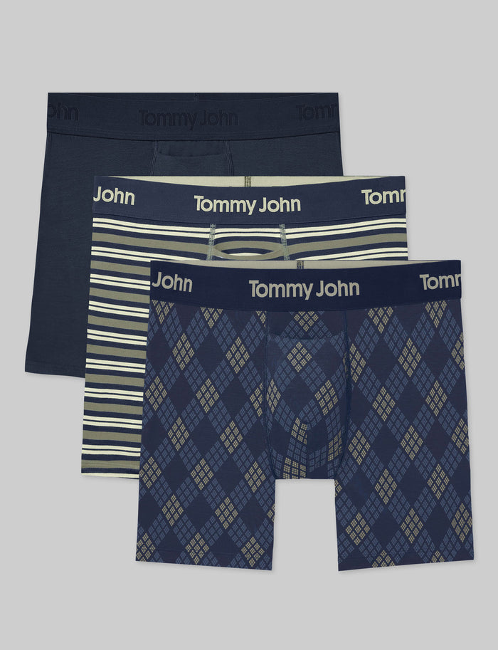 Second Skin Mid-Length Boxer Brief 6" (3-Pack)::Dress Blues/Oil Green Varsity Stripe/Dress Blues Diamond Plaid