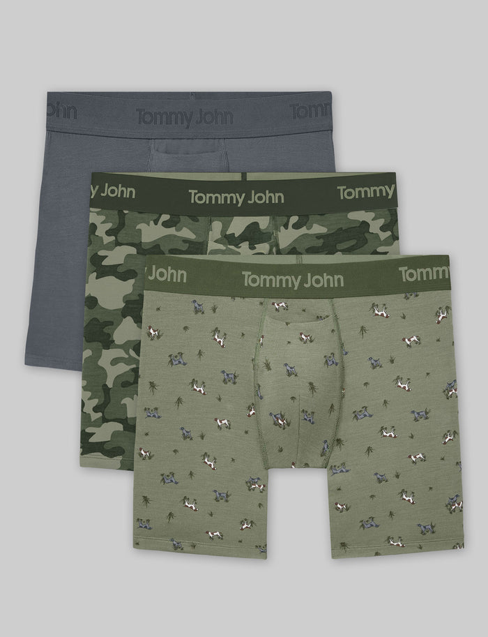 Second Skin Mid-Length Boxer Brief 6" (3-Pack)::Turbulence/Bronze Green Camo/Oil Green Pointer Dogs