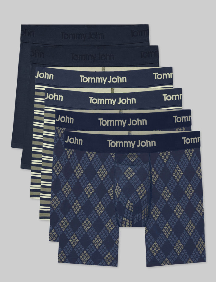 Second Skin Mid-Length Boxer Brief 6" (6-Pack)::Dress Blues/Oil Green Varsity Stripe/Dress Blues Diamond Plaid