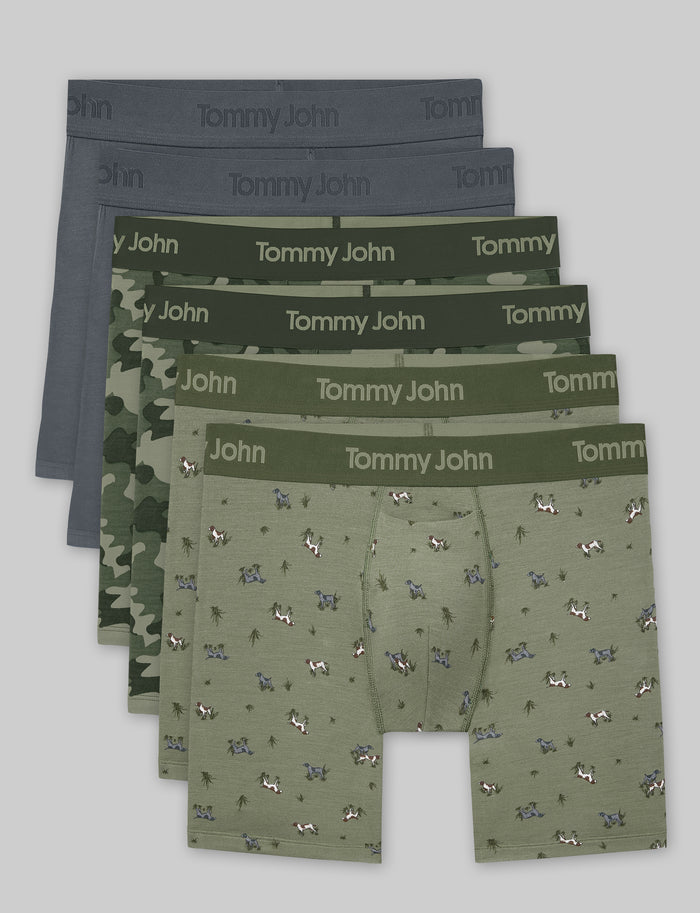 Second Skin Mid-Length Boxer Brief 6" (6-Pack)::Turbulence/Bronze Green Camo/Oil Green Pointer Dogs