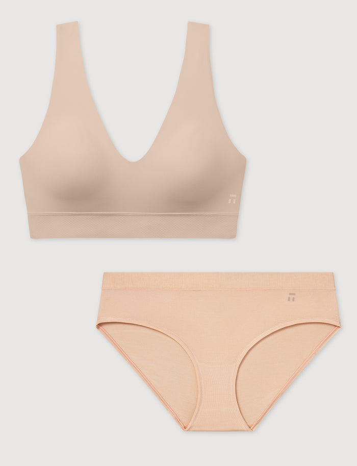 Second Skin V-Neck Bralette & Brief Set::Shifting Sand