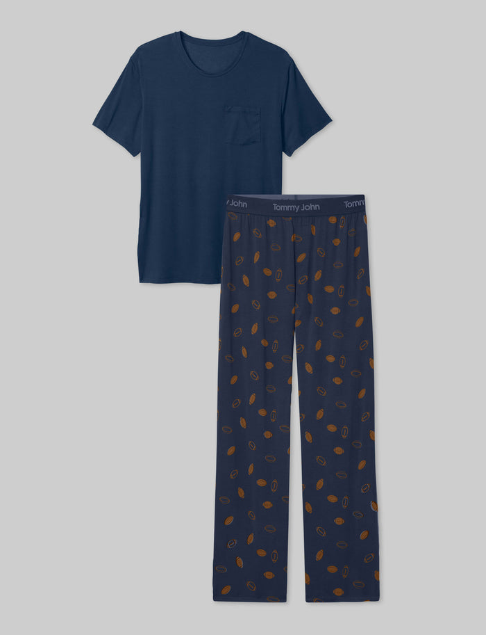 Second Skin Sleep Pocket Tee & Pant Set::Dress Blues/Kickoff