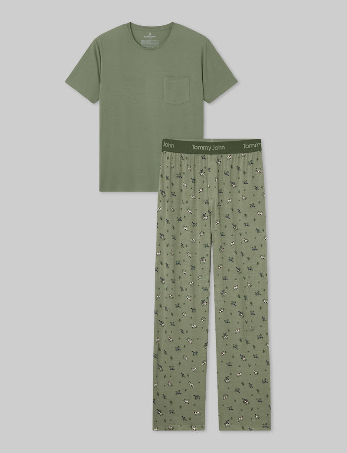Second Skin Sleep Pocket Tee & Pant Set::Oil Green/Pointer Dogs