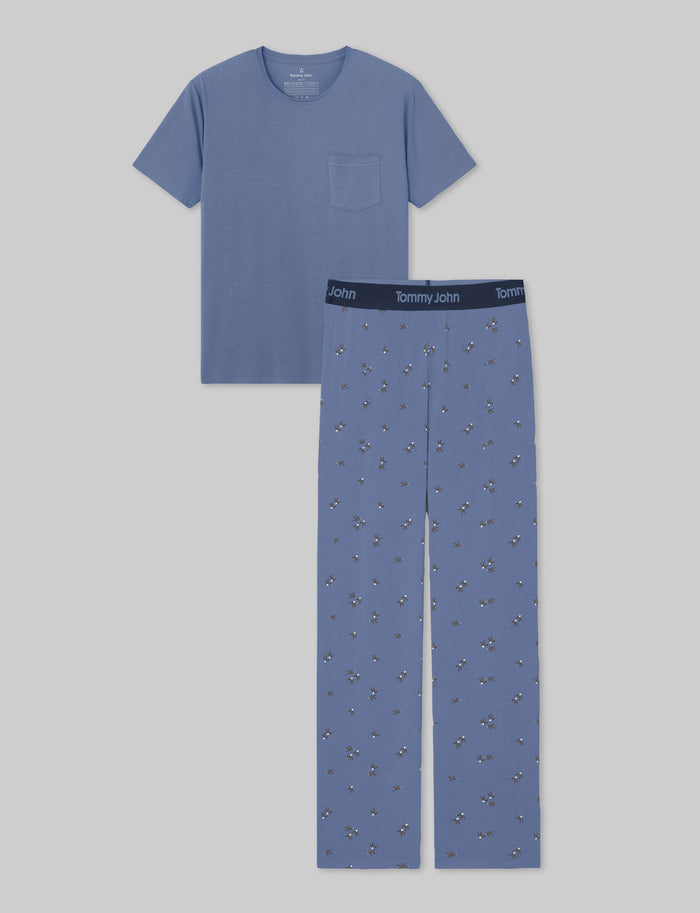 Second Skin Sleep Pocket Tee & Pant Set::Colony Blue/Flying