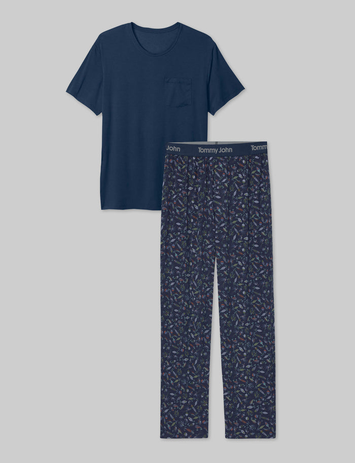 Second Skin Sleep Pocket Tee & Pant Set::Dress Blues/Fishing Lures