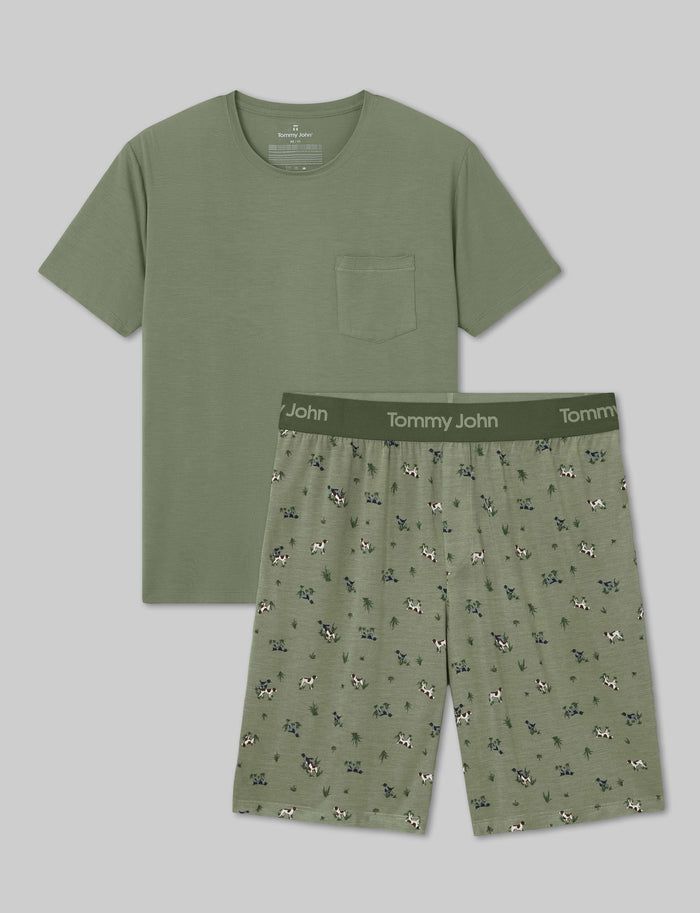 Second Skin Sleep Pocket Tee & Short Set::Oil Green/Pointer Dogs